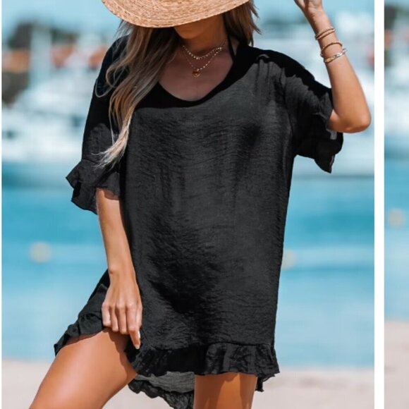Cupshe NWT Solid Black Ruffled Sheer Swim Beach Pool Cover-Up Dress - Picture 8 of 9